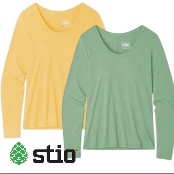 Stio Tops - Set of TWO Stio Divide Scoop Neck Long Sleeve Tee, Yellow and Leaf Green, Medium